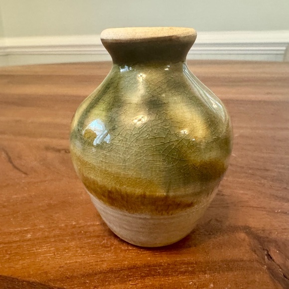 Art Pottery Drip Glaze Mini Bud Vase Green Brown 3.5" Tall Signed - Picture 1 of 7
